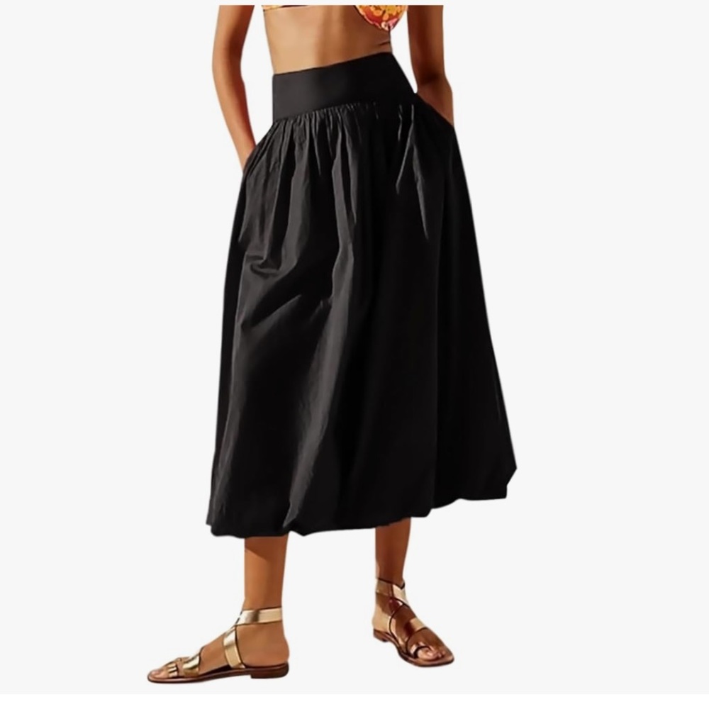 NWOT Black bubble Maxi Skirt cute cinched waist Large